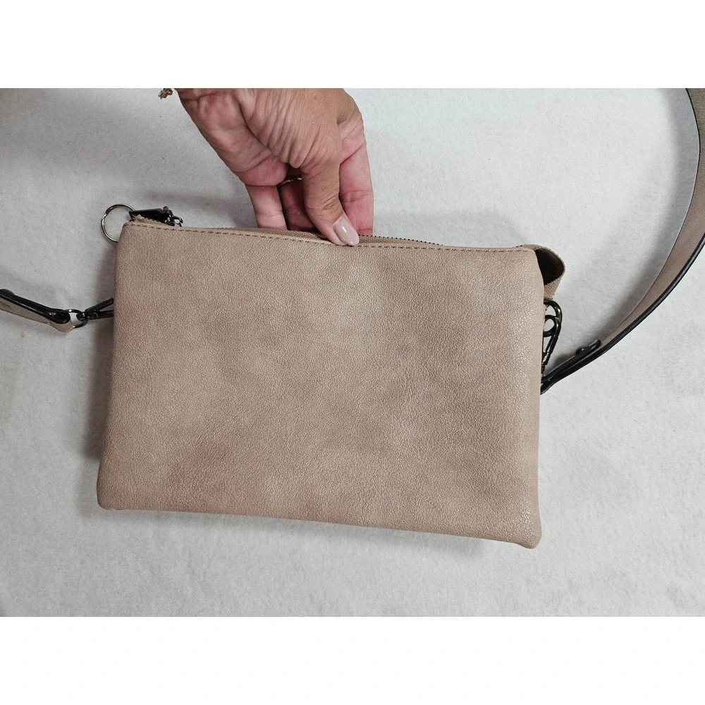 Jen & Co. Taupe Vegan Leather Triple Compartment‎ Crossbody Bag Minimalist Purse